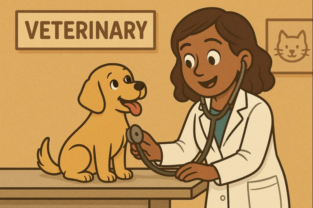 vet checking a puppy